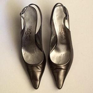 Salvatore Ferragamo 8-1/2 M Slingback Pewter Heels. Pointed toe.
